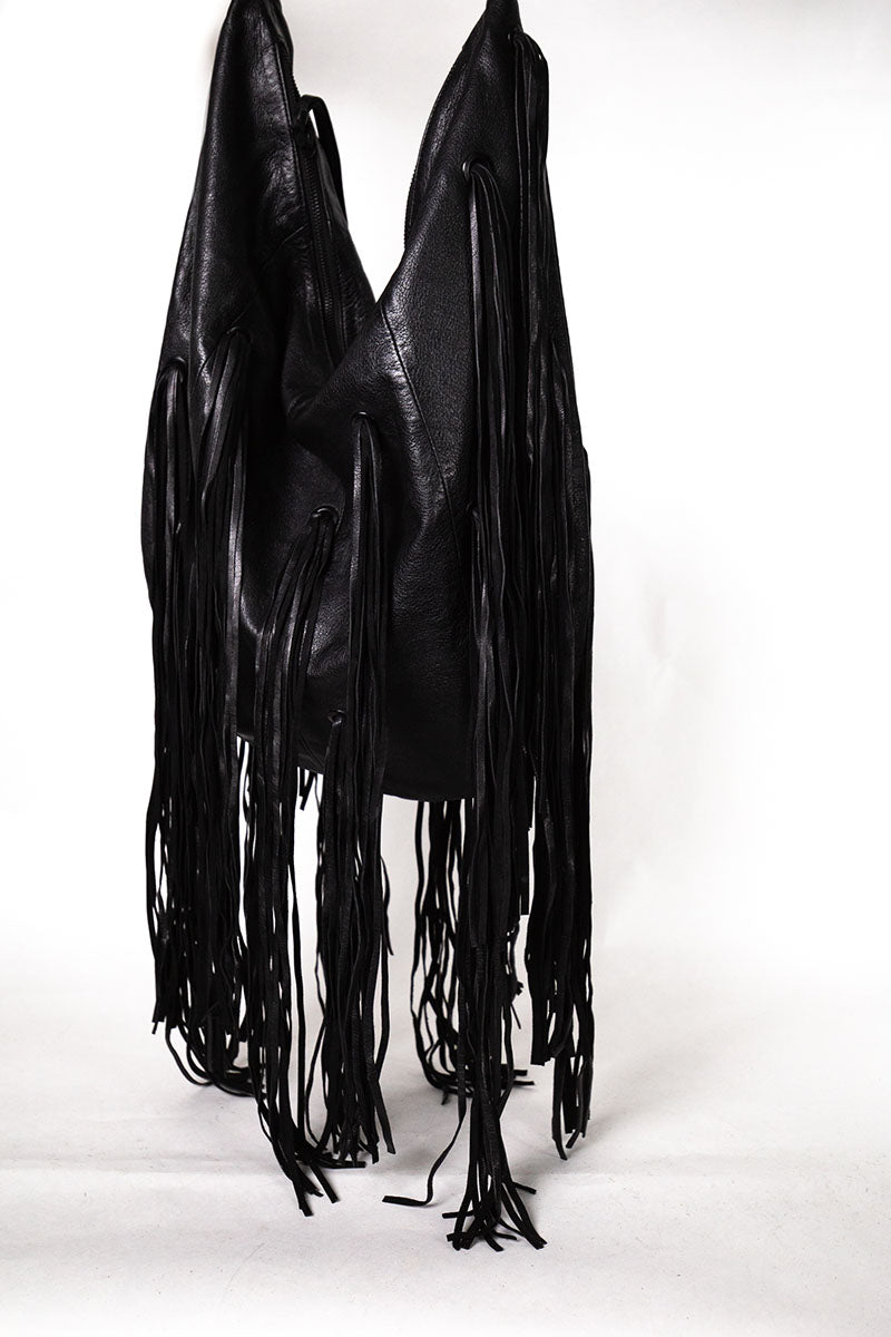 Fransentasche Boho XL-Shopper Weiches Leder Schwarz Gypsy-Style Pflanzlich Gefärbt Rehard Detail