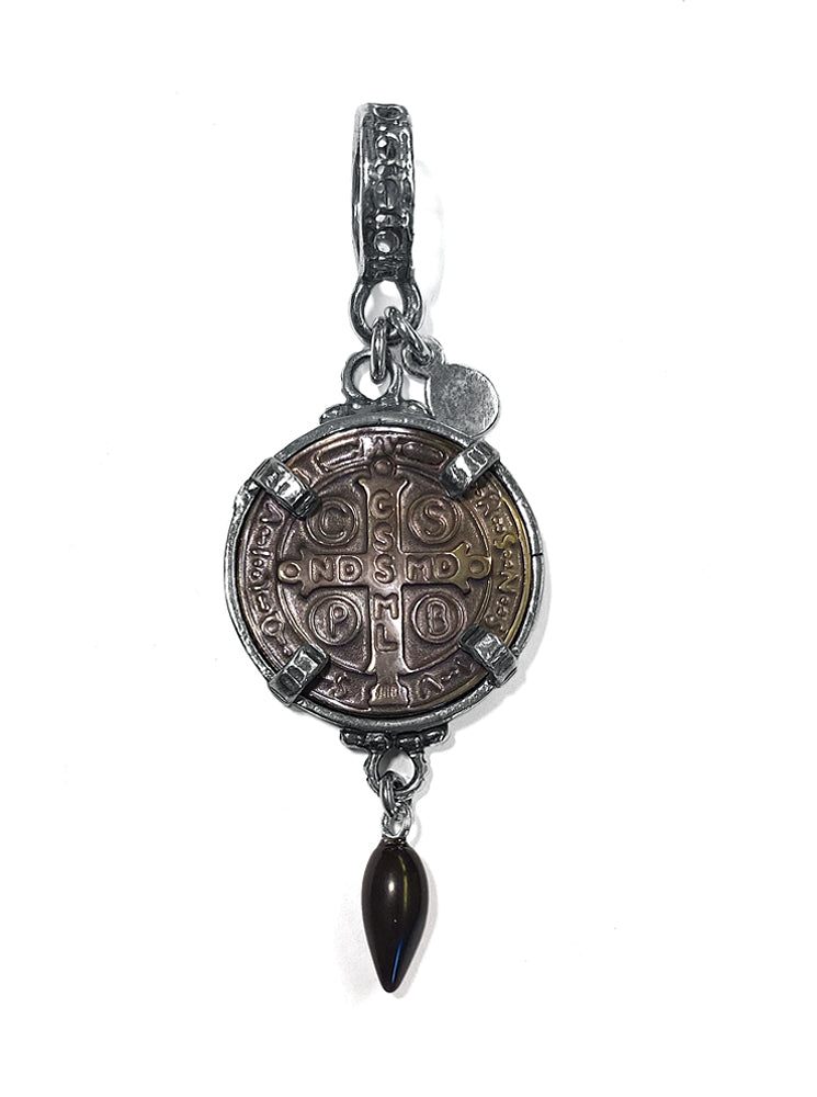 Gem Kingdom Anhaenger Perlmutt-Münze Graviert Saint-Benedict-Motiv Perlmutt-Tropfen Sterling Silber