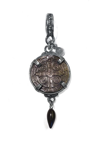 Gem Kingdom Anhaenger Perlmutt-Münze Graviert Saint-Benedict-Motiv Perlmutt-Tropfen Sterling Silber