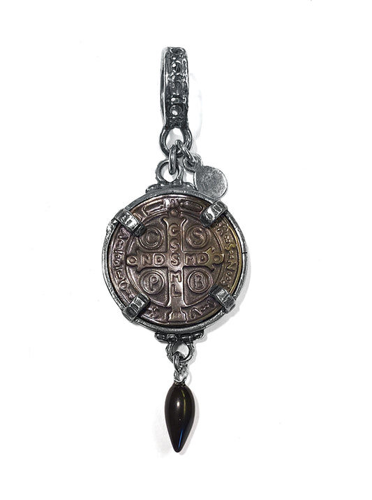 Gem Kingdom Anhaenger Perlmutt-Münze Graviert Saint-Benedict-Motiv Perlmutt-Tropfen Sterling Silber
