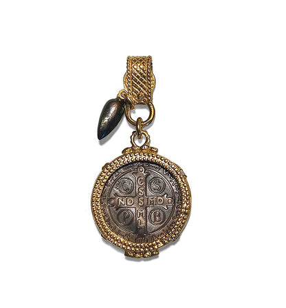 Gem Kingdom Anhänger Perlmutt-Münze Graviert Saint-Benedict-Motiv Bronze Vergoldet