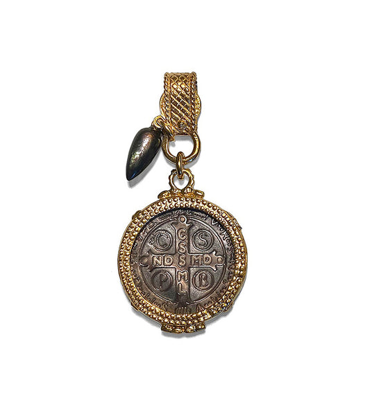 Gem Kingdom Anhänger Perlmutt-Münze Graviert Saint-Benedict-Motiv Bronze Vergoldet