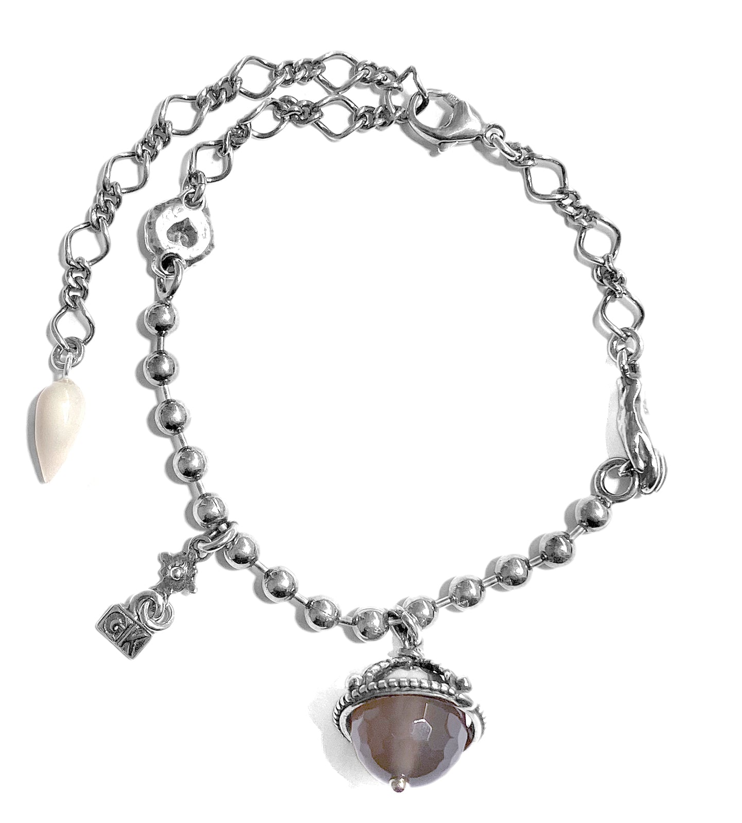 GEM Kingdom Kugelarmband 925 Sterling Silber Achat-Anhänger Grau Perlmutt-Tropfen