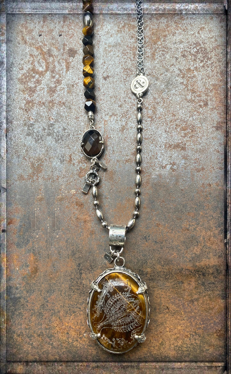 Gem Kingdom Kette Anhänger Doppelseitig Horn Schwarz Tigerauge Braun Graviert Sterling Silber Fame & Fortune Kollektion