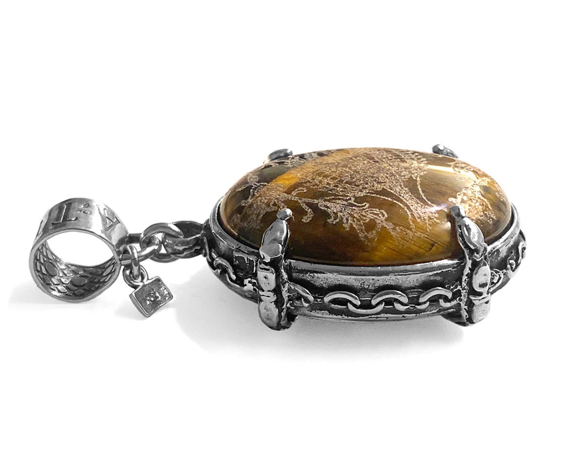 Gem Kingdom Anhänger Doppelseitig Horn Schwarz Tigerauge Braun Graviert 925 Sterling Silber Fame & Fortune Kollektion Seitlich