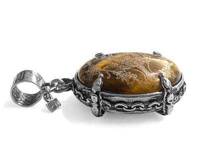 Gem Kingdom Anhänger Doppelseitig Horn Schwarz Tigerauge Braun Graviert 925 Sterling Silber Fame & Fortune Kollektion Seitlich