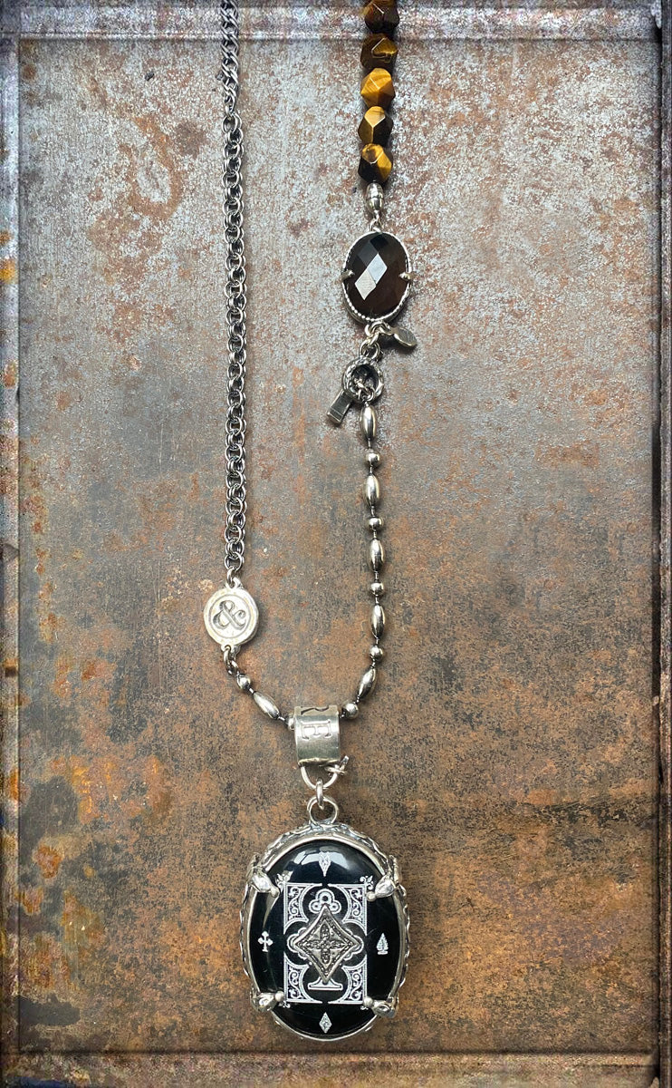 Gem Kingdom Kette Anhänger Doppelseitig Horn Schwarz Tigerauge Braun Graviert 925 Sterling Silber Fame & Fortune Kollektion