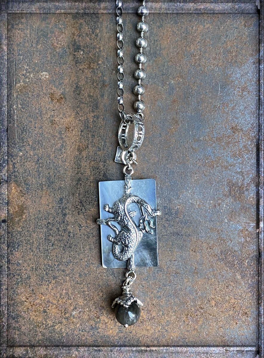 Gem Kingdom Kette Sterling Silber Perlmutt-Anhänger Grau Drachen-Motiv Obsidian-Kugel