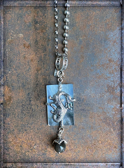 Gem Kingdom Kette Sterling Silber Perlmutt-Anhänger Grau Drachen-Motiv Obsidian-Kugel