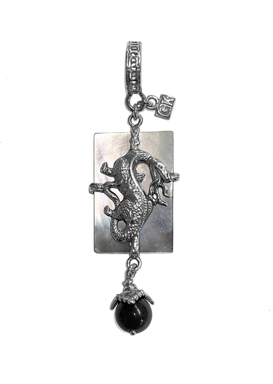 Gem Kingdom Perlmutt-Anhänger Grau Drachen-Motiv Sterling Silber Obsidian-Kugel
