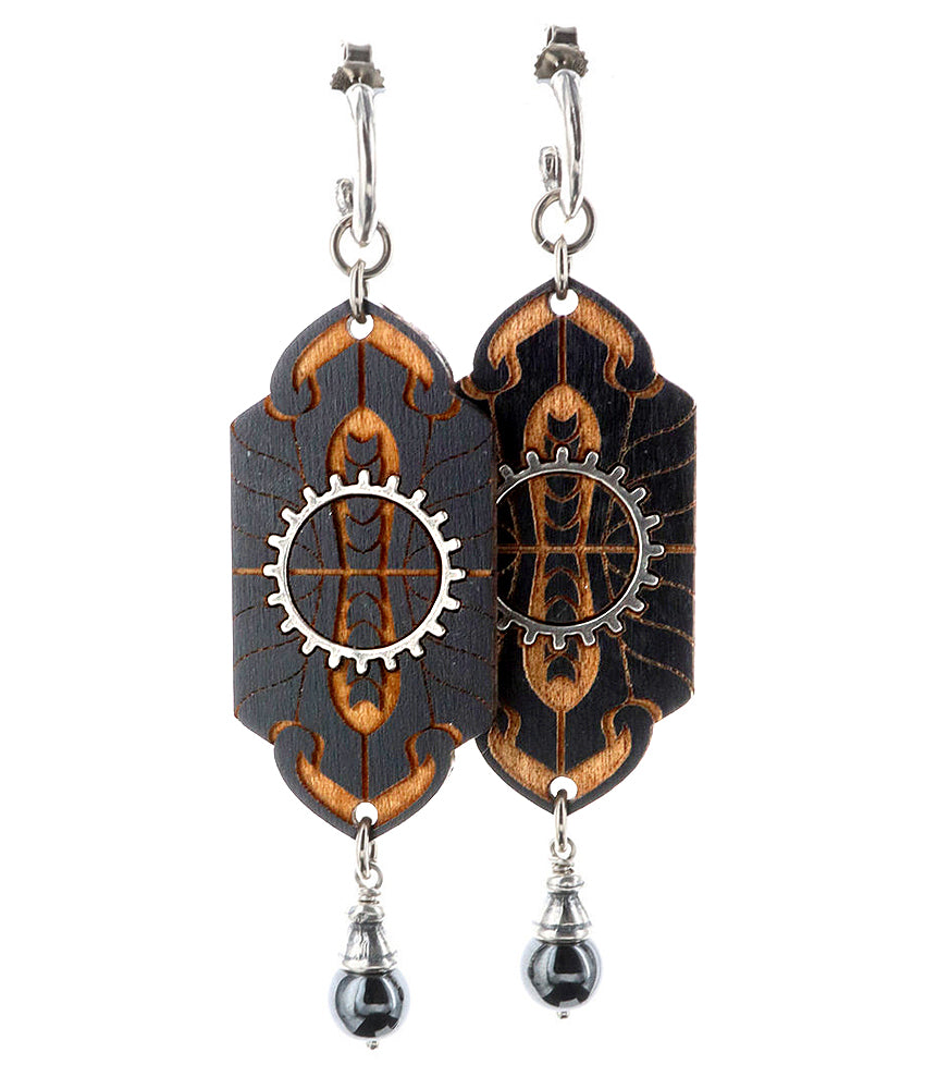 Gem Kingdom Ohrringe Doppelseitig Graviertes Holz Perlmutt Hämatit 925 Sterling Silber Metropolis Kollektion