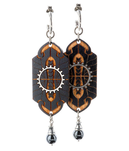 Gem Kingdom Ohrringe Doppelseitig Graviertes Holz Perlmutt Hämatit 925 Sterling Silber Metropolis Kollektion