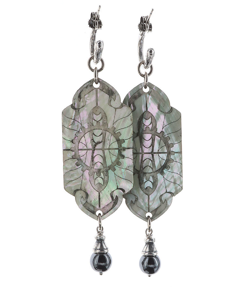 Gem Kingdom Ohrringe Doppelseitig Graviertes Holz Perlmutt Sterling Silber Metropolis