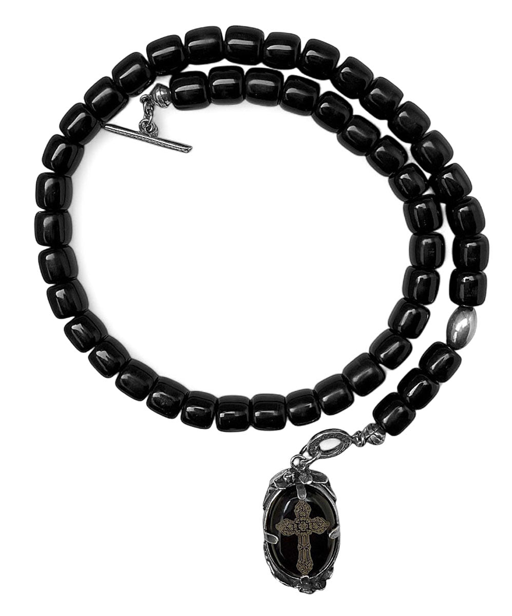 Gem Kingdom Hornkette Schwarz Gravierter Kreuzhänger 925 Sterling Silber Unisex