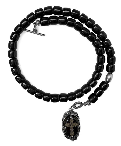 Gem Kingdom Hornkette Schwarz Gravierter Kreuzhänger 925 Sterling Silber Unisex