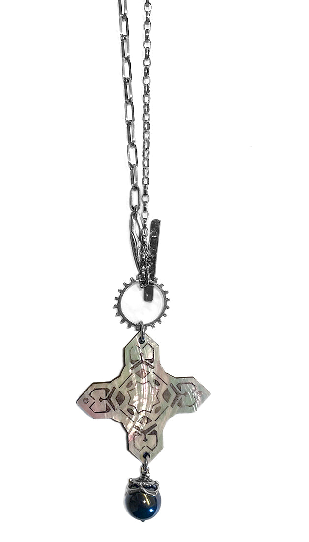 Gem Kingdom Kette Lang Kreuz-Anhänger Doppelseitig Perlmutt Graviert Holz Silber-Inlays Perle 925 Sterling Silber 80 cm Lang