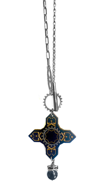 Gem Kingdom Kette Lang Kreuz-Anhänger Doppelseitig Holz Perlmutt Graviert Silber-Inlays Perle 80 cm Lang