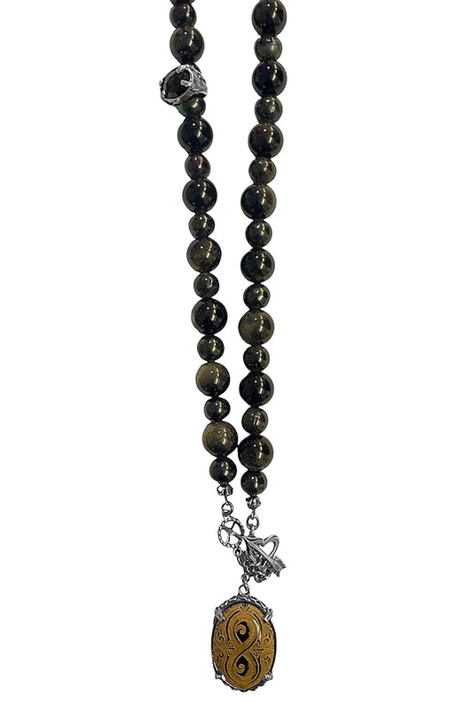 Gem Kingdom Kette Obsidian Süßwasserperlen Anhänger Infinity Gravur Horn 925 Sterling Silber 65 cm Lang
