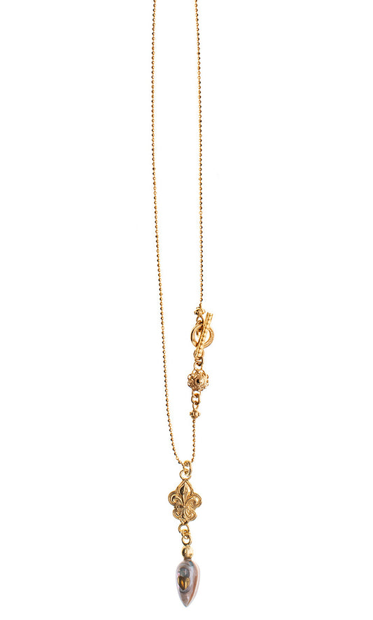Gem Kingdom Filigrane Kette Bronze Vergoldet Lilien-Anhänger Perlmutt-Tropfen Golden Heritage