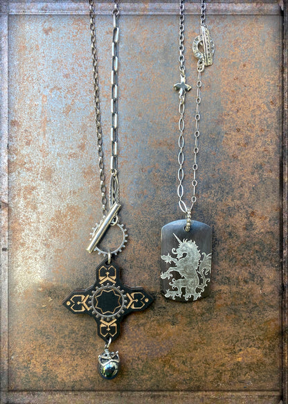 Gem Kingdom Ketten Anhänger Graviertes Holz Perlmutt Silber-Inlays Unicorn-Anhänger Kreuz-Anhänger 925 Sterling Silber