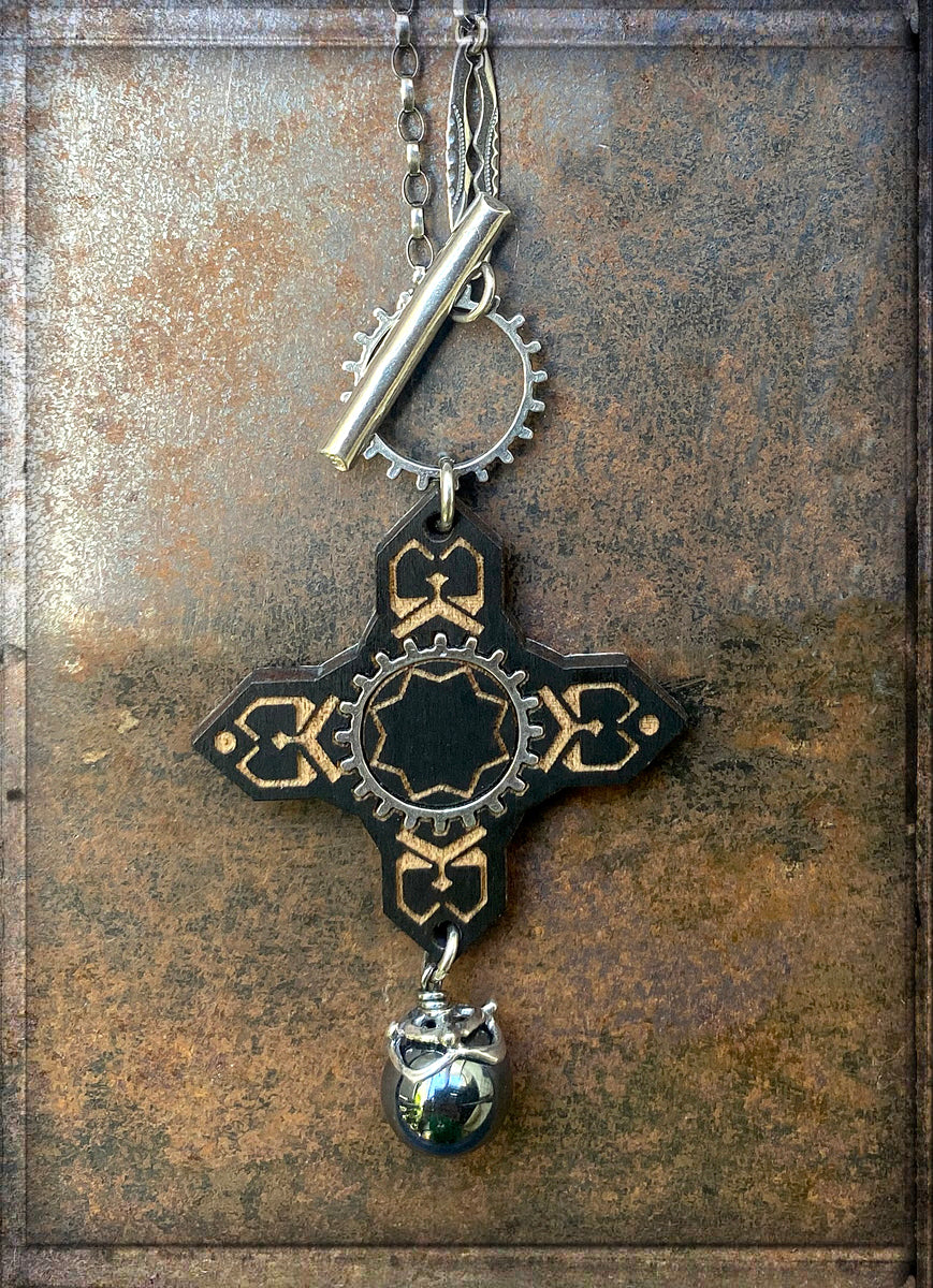 Gem Kingdom Anhänger Engraved Wood Cross Mother of Pearl Kreuzanhänger Holz-Gravur 925 Sterling Silber