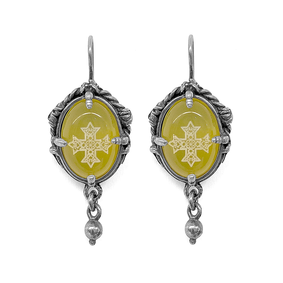 Gem Kingdom Ohrringe Kreuz-Gravur Achat Gelb Sterling Silber Talisman-Kollektion