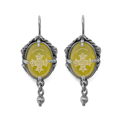 Gem Kingdom Ohrringe Kreuz-Gravur Achat Gelb Sterling Silber Talisman-Kollektion