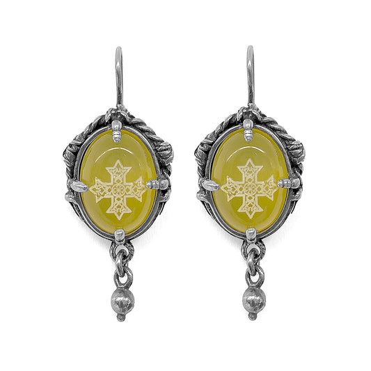 Gem Kingdom Ohrringe Kreuz-Gravur Achat Gelb Sterling Silber Talisman-Kollektion