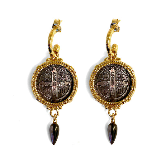 Gem Kingdom Ohrringe Perlmutt-Münze Graviert Saint-Benedict-Motiv Perlmutt-Tropfen Bronze Vergoldet