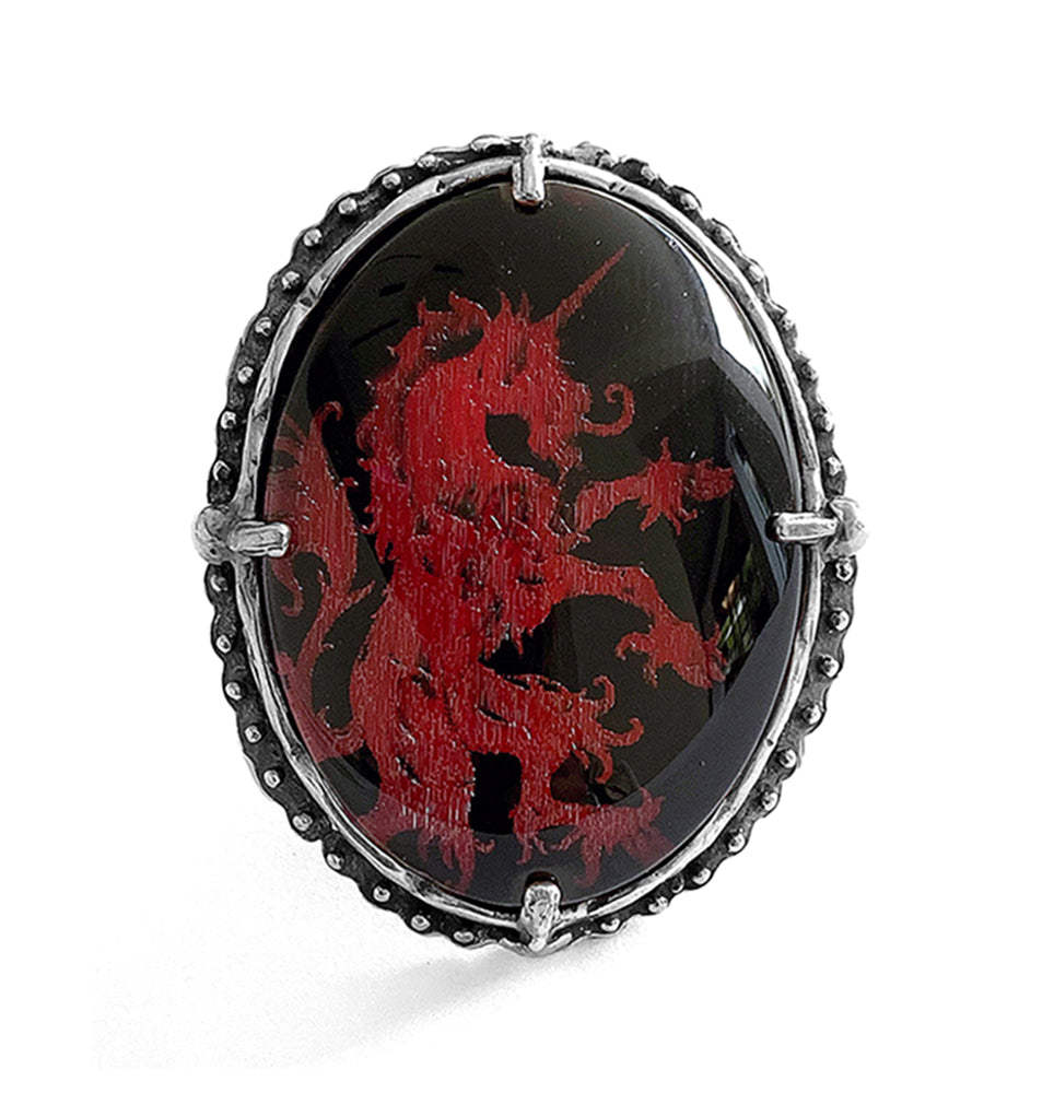 Gem Kingdom Statement-Ring Unicorn Einhorn Steinschnitt Kristallglas Rot Schwarz 925 Sterling Silber Legend-Kollektion