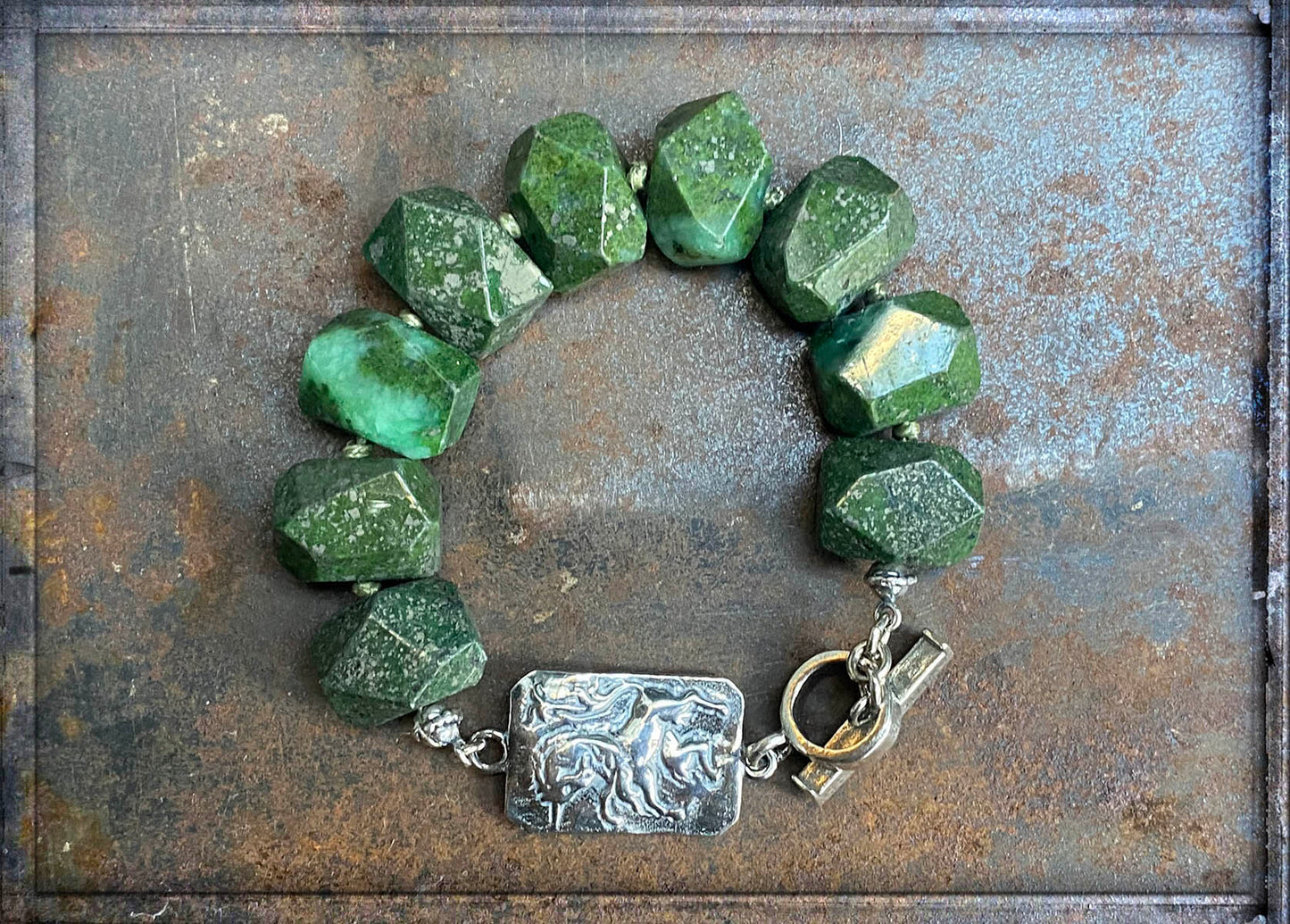 Gem Kingdom Statement-Armband Naturstein Granit Grün Statement-Piece Unicorn-Element 925 Sterling Silber