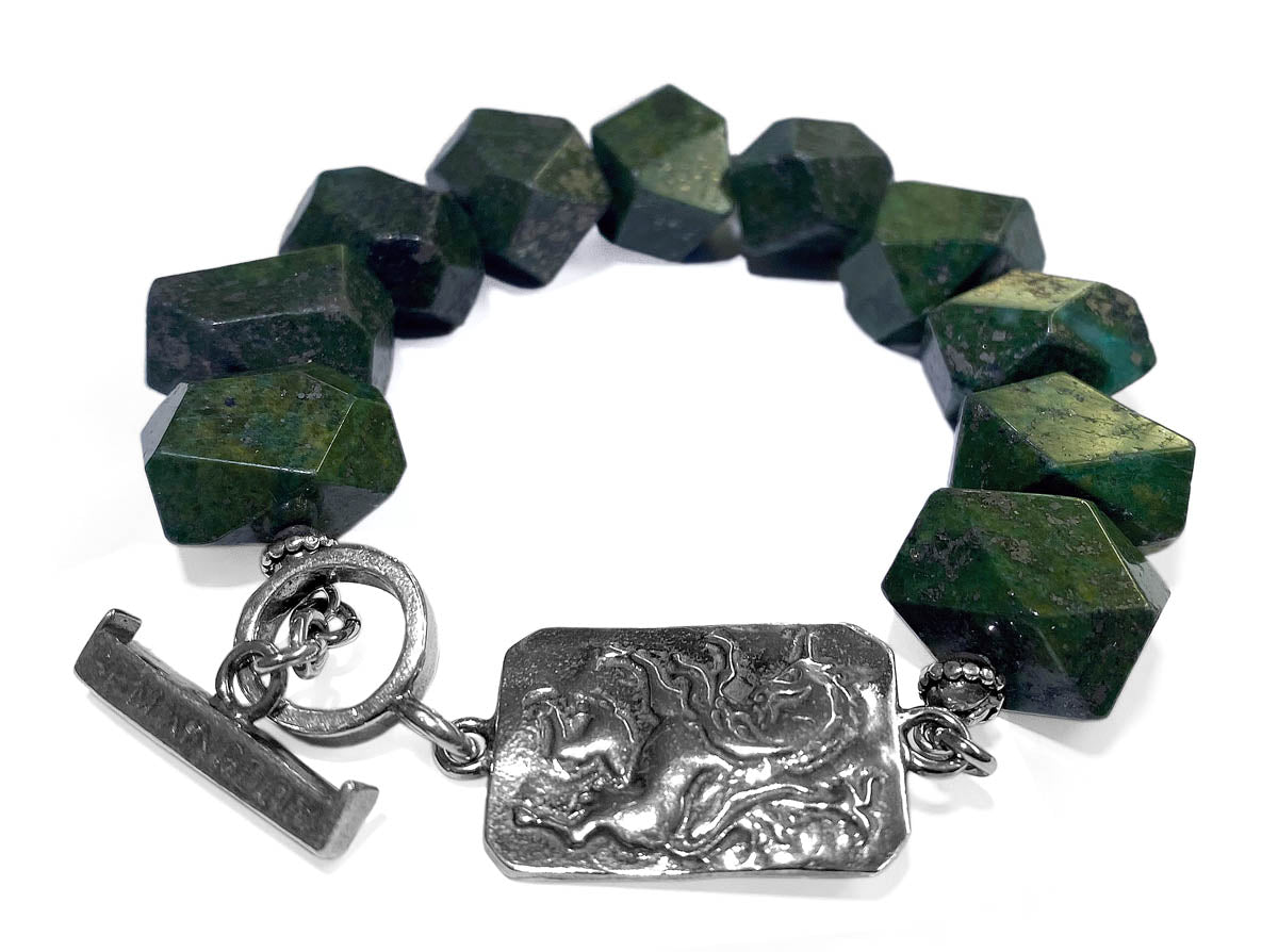 Gem Kingdom Steinarmband Granit Facettiert Dunkelgrün Statement Unicorn-Element Einhorn 925 Sterling Silber