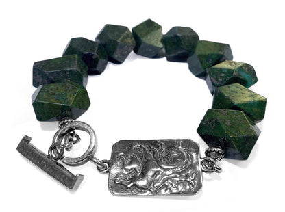 Gem Kingdom Steinarmband Granit Facettiert Dunkelgrün Statement Unicorn-Element Einhorn 925 Sterling Silber