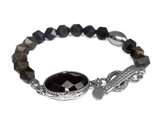 Gem Kingdom Steinarmband Obsidian Facettiert Onyx-Element 925 Sterling Silber Unisex