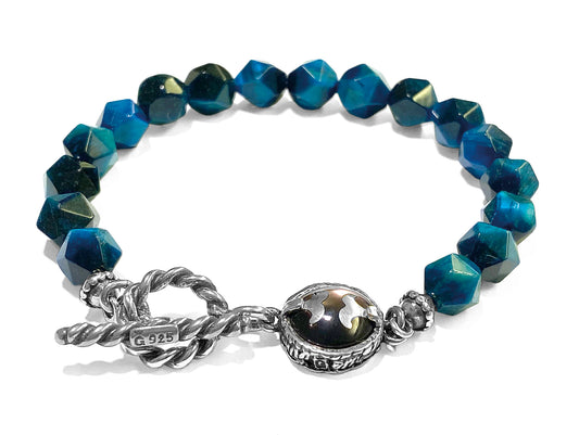 GEM Kingdom Steinarmband Tigerauge Blau Facettiert Perlmutt-Element 925 Sterling Silber Unisex