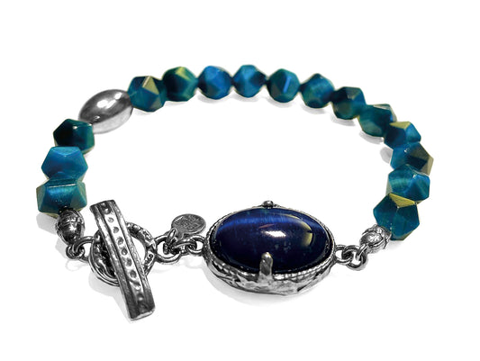 GEM Kingdom Steinarmband Tigerauge Blau Facettiert 925 Sterling Silber Unisex