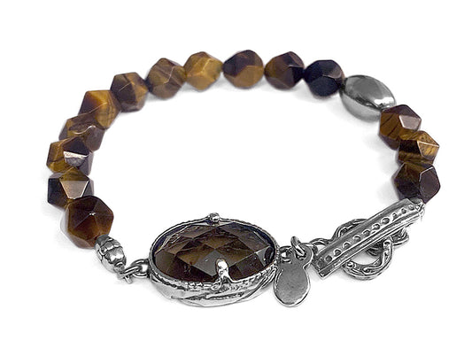 Gem Kingdom Steinarmband Tigerauge Braun Facettiert Rauchquarz-Element 925 Sterling Silber Unisex