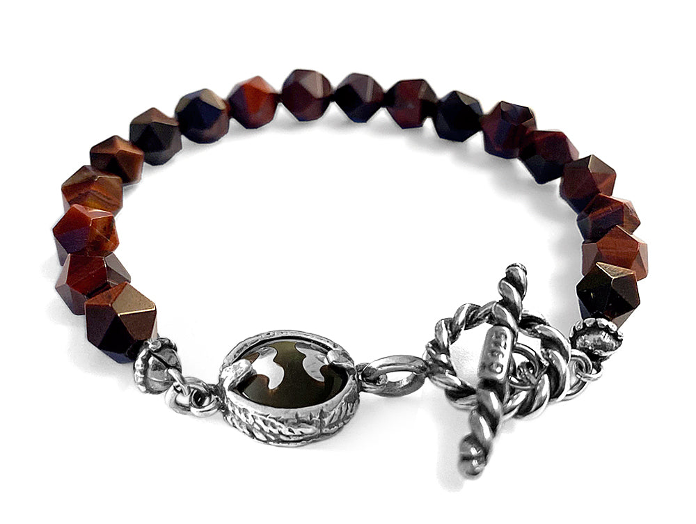 GEM Kingdom Steinarmband Tigerauge Rotbraun Facettiert Perlmutt-Element 925 Sterling Silber Unisex