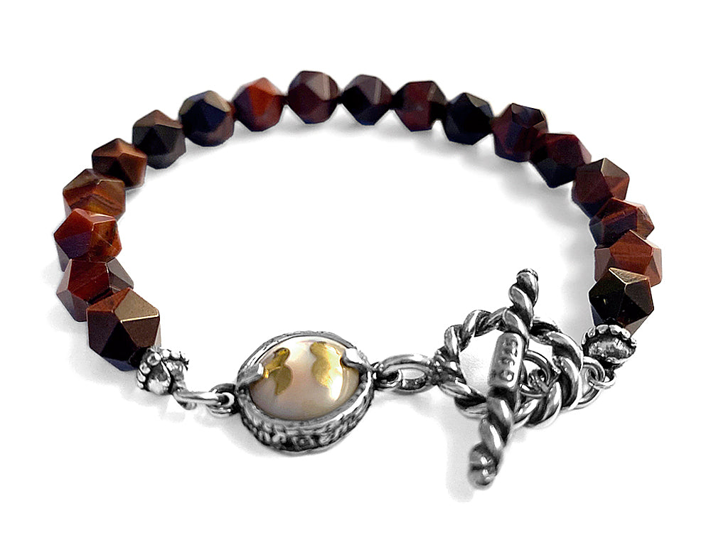 GEM Kingdom Steinarmband Tigerauge Rotbraun Facettiert Perlmutt-Element beige 925 Sterling Silber Unisex