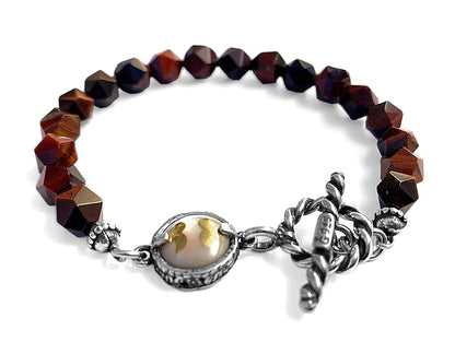 GEM Kingdom Steinarmband Tigerauge Rotbraun Facettiert Perlmutt-Element beige 925 Sterling Silber Unisex