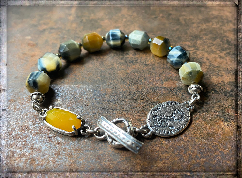 GEM Kingdom Steinarmband Tigerauge Facettiert Talisman-Element Achat Gelb 925 Sterling Silber Unisex
