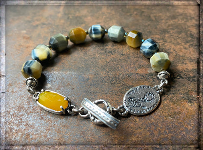 GEM Kingdom Steinarmband Tigerauge Facettiert Talisman-Element Achat Gelb 925 Sterling Silber Unisex
