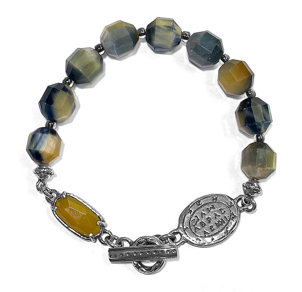 GEM Kingdom Steinarmband Tigerauge Facettiert Talisman-Element Achat Gelb Sterling Silber Unisex
