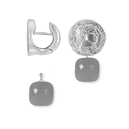 Heide Heinzendorff System-Creolen Coco Münzen 925 Sterling Silber Rhodiniert Einhänger Facettiertes Quarzglas Grau E56