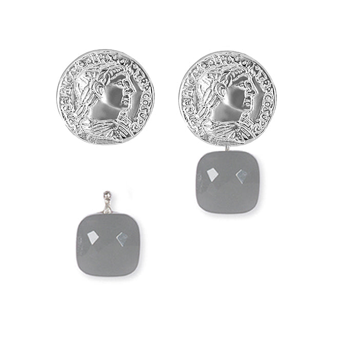 Heide Heinzendorff System-Creolen Coco Münzen Sterling Silber Rhodiniert Einhänger Facettiertes Quarzglas Grau E56