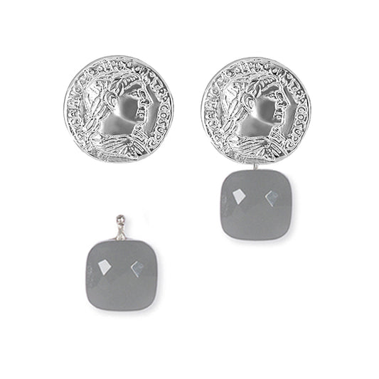 Heide Heinzendorff System-Creolen Coco Münzen Sterling Silber Rhodiniert Einhänger Facettiertes Quarzglas Grau E56