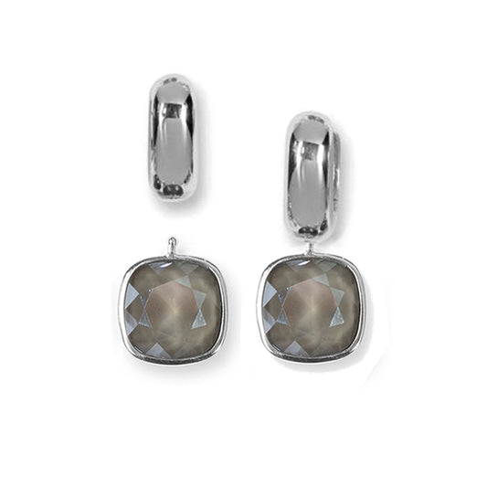 Heide Heinzendorff System-Creolen Laura 925 Silber Rhodiniert Einhänger Quarzglas Facettiert Grau E29
