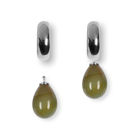 Heide Heinzendorff System-Creolen Stella 925 Sterling Silber Rhodiniert Tropfen-Einhänger Quarzglas Oliv E56
