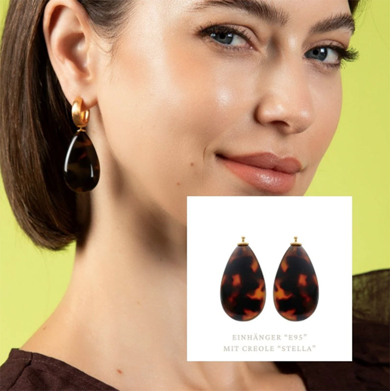 Heide Heinzendorff System-Creolen Hanna 925 Silber Rhodiniert Einhänger Tropfen Acetat Leoparden-Look 