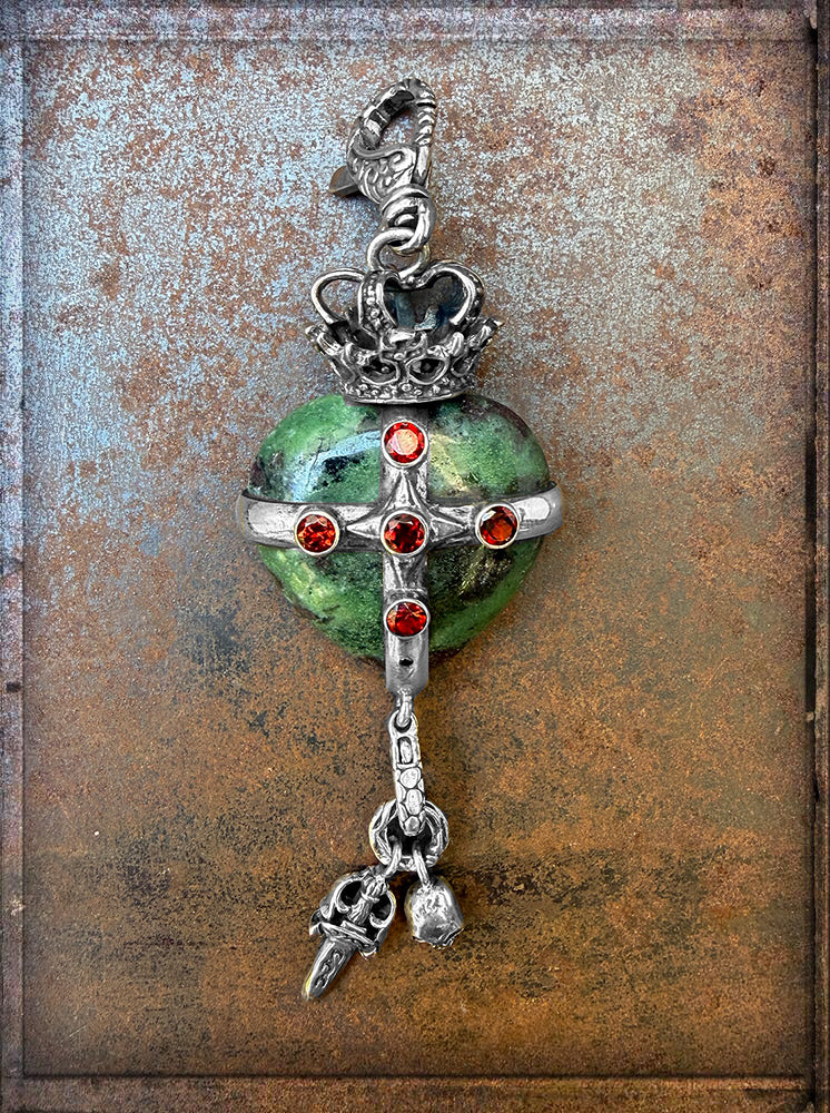 Herz-Anhänger Krone Rubin-Zoisit Granat Schwarzer Diamant Skull Dagger Charms Sterling Silber Unikat 11,5 cm Lang